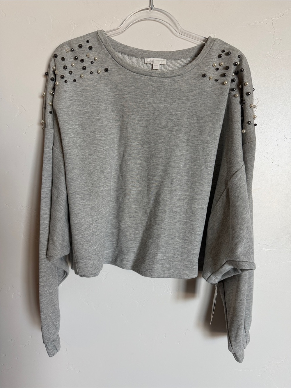 14th & Union Grey Pearl-Stud Oversized Cropped Sweatshirt